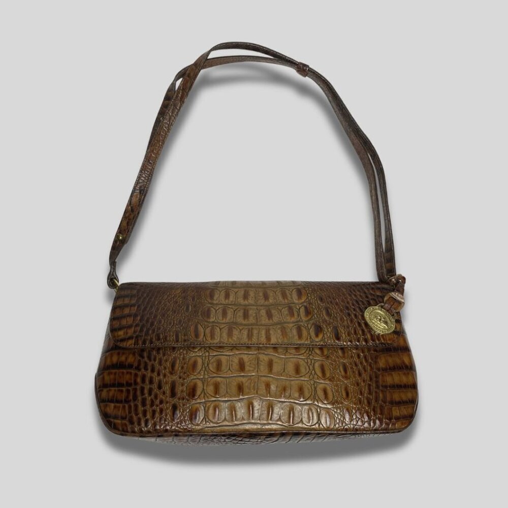 Brahmin Brown Croc Embossed Leather Shoulder Bag Vintage Baguette Style Gold